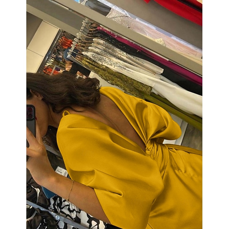 Sheath Evening Gown Elegant Dress Formal Sweep / Brush Train Half Sleeve V Neck Satin with Pleats Ruched Crystals3