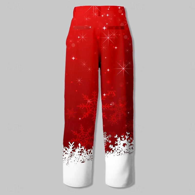 Christmas Men's Snowflake Dress Pants Mid Waist Fashion Casual Outdoor Home Dailywear Zipper Pocket Straight Leg Trousers Summer Spring Fall 3D Print Red2