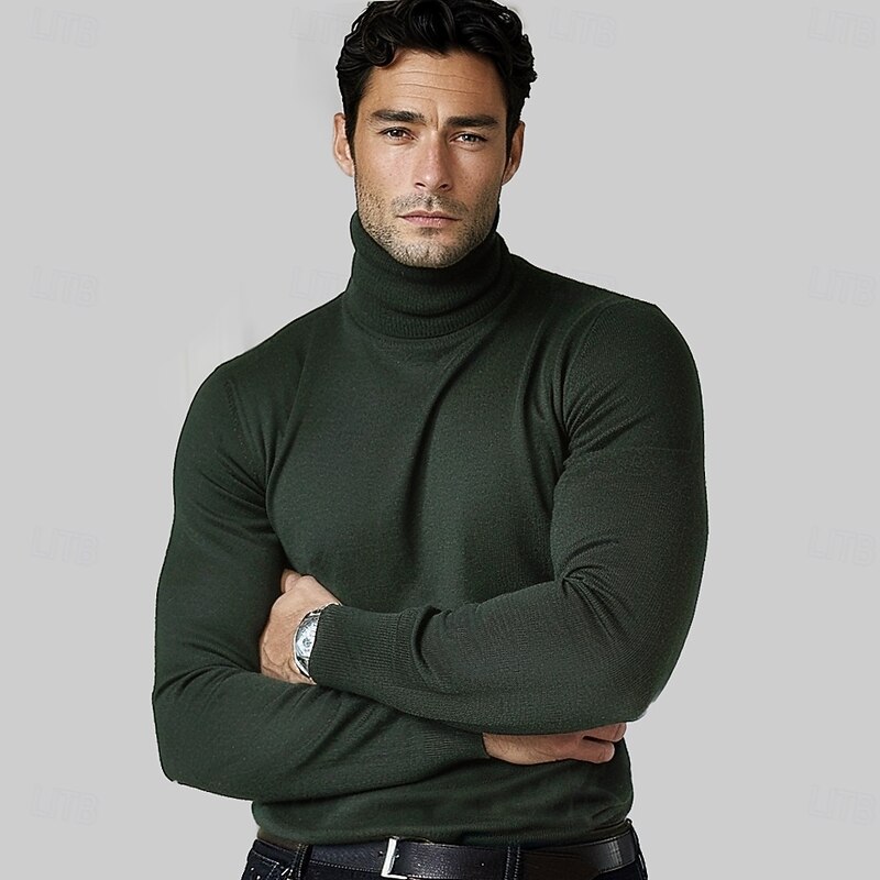 Men's 100% Wool Pullover Sweater Jumper Knit Solid Color Turtleneck Knitwear Elegant Christmas Outdoor Clothing Apparel Fall Winter Black Red S M L
