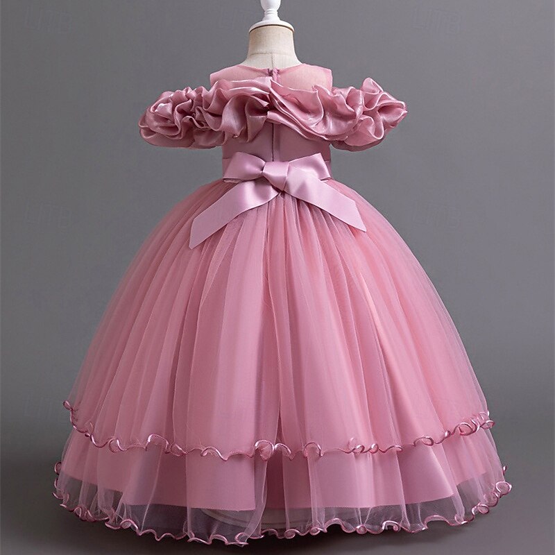 Flower Girl Dress Kid's Girls' Princess Dress Performance Wedding Party Elegant Beautiful Mesh Solid Color Sleeveless Crew Neck White Champagne 4 years+3