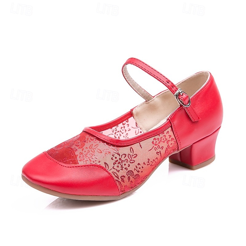 Women's Gold Mesh Ballroom Dance Shoes – Low Block Heel, Embroidered Design, Comfortable Breathable for Latin, Salsa, and Tango2