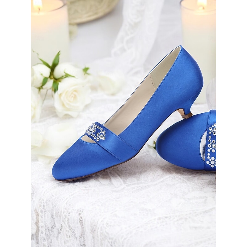Women's Blue Satin Kitten Heels with Rhinestone Embellishment – Elegant Bridal Shoes for Weddings and Formal Occasions3