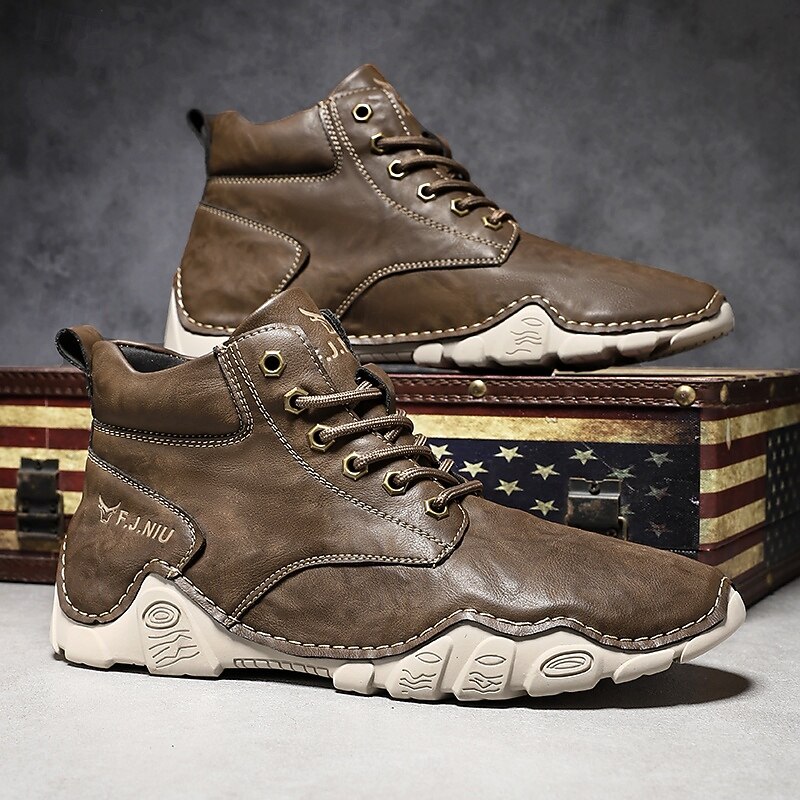 Men's Brown Faux Leather Lace-Up Ankle Boots | Durable Outdoor Footwear with Non-Slip Sole for Hiking and Casual Wear3