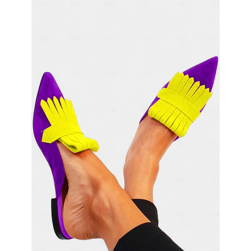 Women's Boho Chic Fringe Pointed-Toe Mules – Vibrant Purple and Orange Slip-On Flats with Suede Finish, Perfect for Casual Outings and Summer Fashion