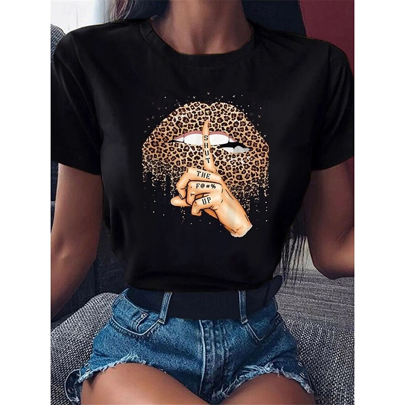 Women's T Shirt Leopard Mouth Fashion Modern Casual Short Sleeve Crew Neck Regular Tops Daily Weekend Black Summer2