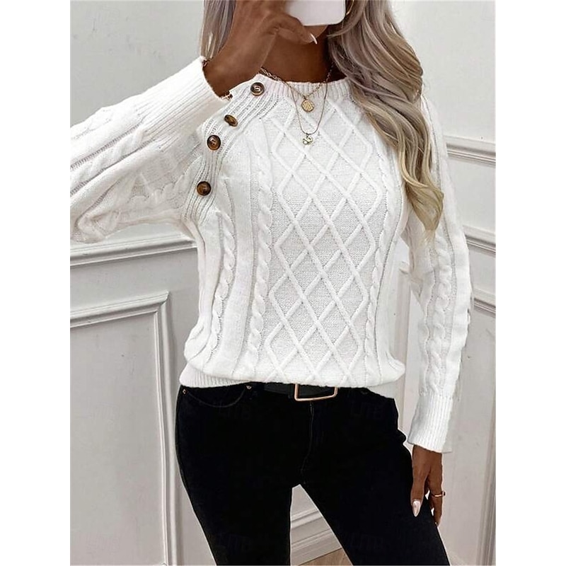Women's Sweater Casual Soft Pure Color Cable Crew Neck Buttons Knitted Long Sleeve Regular Tops Knit Outdoor Daily Weekend Black White Fall Winter4