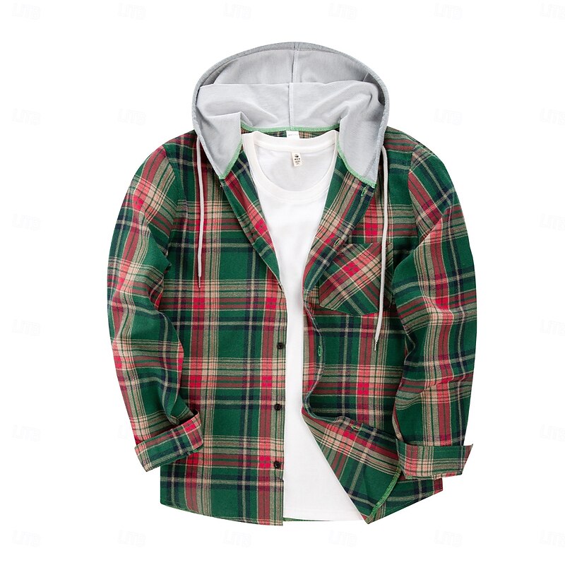Men's Shirt Flannel Shirt Overshirt Christmas Shirt Black Green Coffee Long Sleeve Plaid Hooded Outdoor Street Clothing Apparel Fashion Casual Comfortable