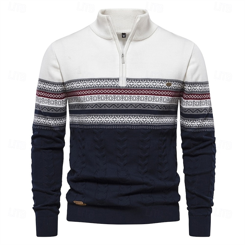 Men's Pullover Sweater Jumper Ribbed Knit Standing Collar Clothing Apparel Bishop Sleeve Spring &  Fall White Navy Blue S M L