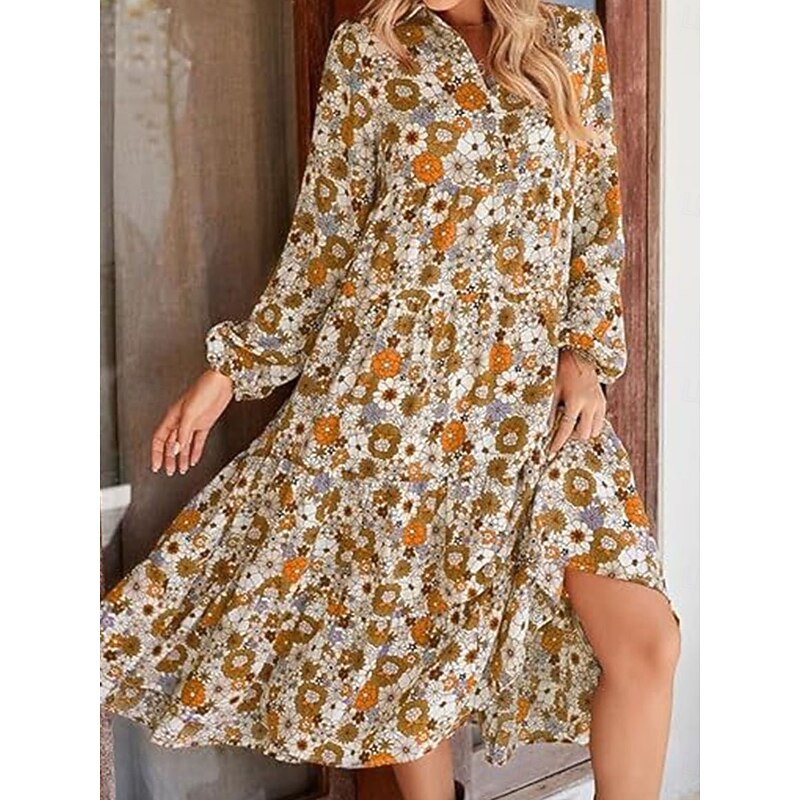 Women's Floral Split Neck Midi Dress Long Sleeve Summer Spring4