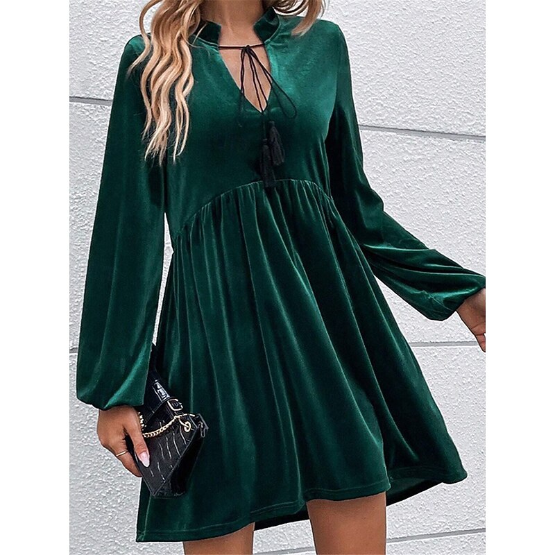 Women's Velvet Dress Mini Dress Ruched Casual V Neck Long Sleeve Green Color