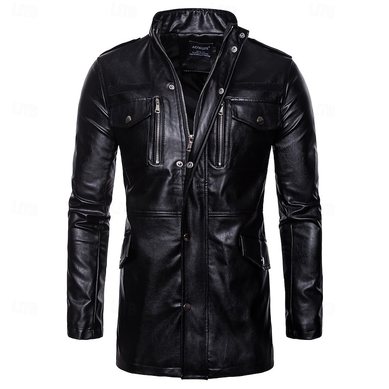 Men's Faux Leather Jacket Biker Jacket Motorcycle Jacket Home Office Windbreaker Pocket Winter Spring &  Fall Solid Color Vintage Classic Style Regular Black Jacket3