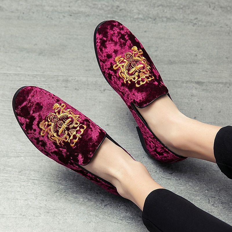 Men's Elegant and Sophisticated Burgundy Velvet Loafers with Embroidered Design - Perfect for Weddings or Special Events3