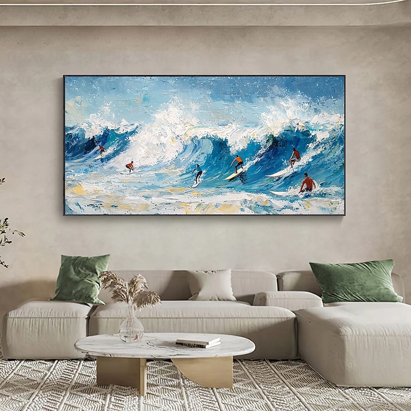 Handmade Original Surfing Sports Oil Painting On Canvas Abstract Ocean Waves Wall Art for Home Decor With Stretched Frame Without Inner Frame Painting