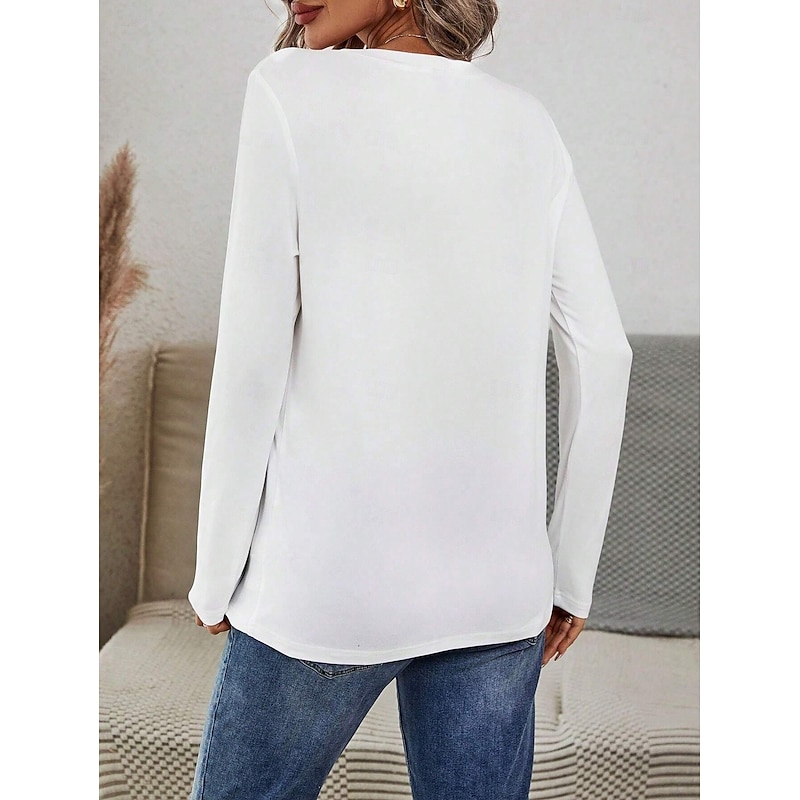 Women's T Shirt Cat Letter Casual Long Sleeve Round Neck Regular Tops Daily Weekend Print White Fall Winter2