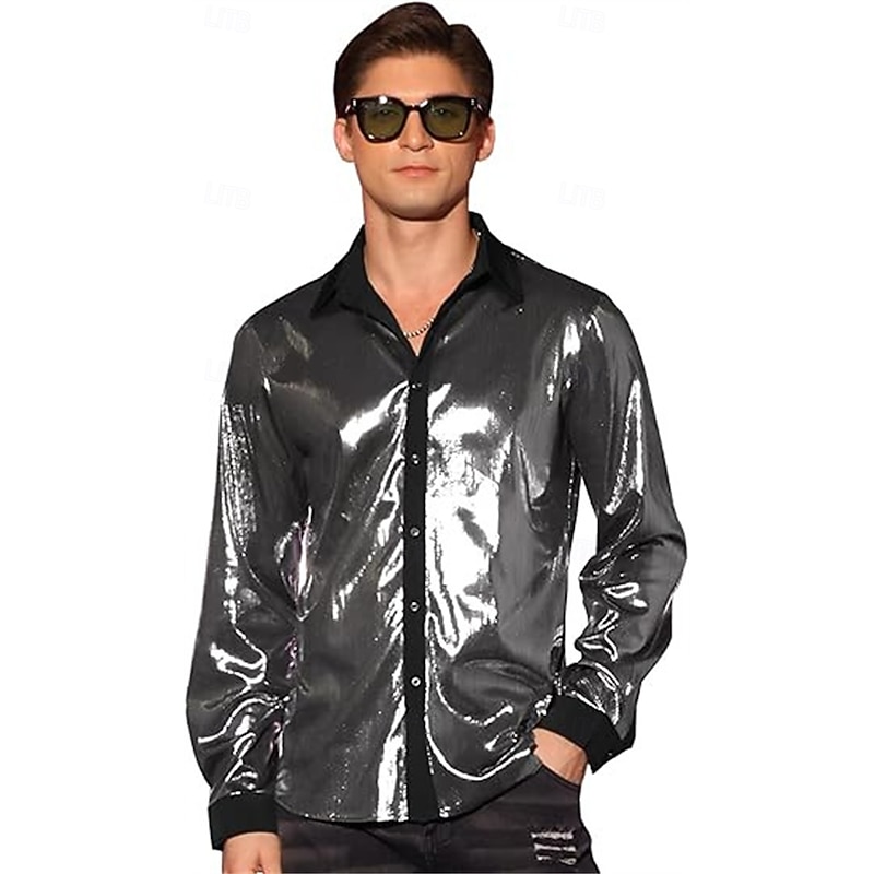 Retro Vintage 1970s 1980s Shirt Disco Shiny Metallic Fancy Dress Men's Carnival Costume Halloween Carnival Performance Party Club Adults' Shirt