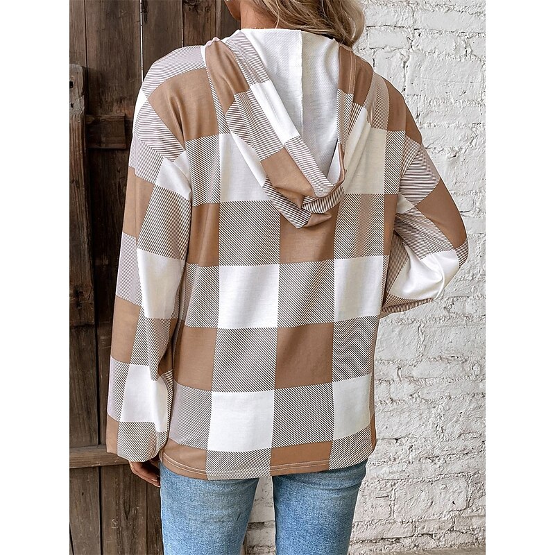 Women's Sweatshirt Casual Plaid Street Dailywear Hoodie Buttons Print Long Sleeve Black Khaki Fall Winter4