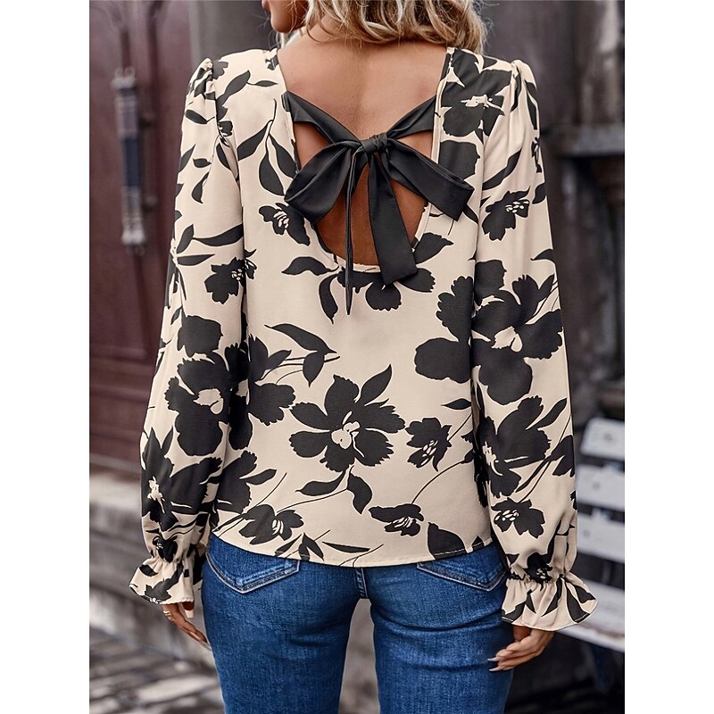 Women's Shirt Blouse Floral Stylish Casual Long Sleeve Crew Neck Regular Tops Daily Backless Print Bow Beige Fall Winter4