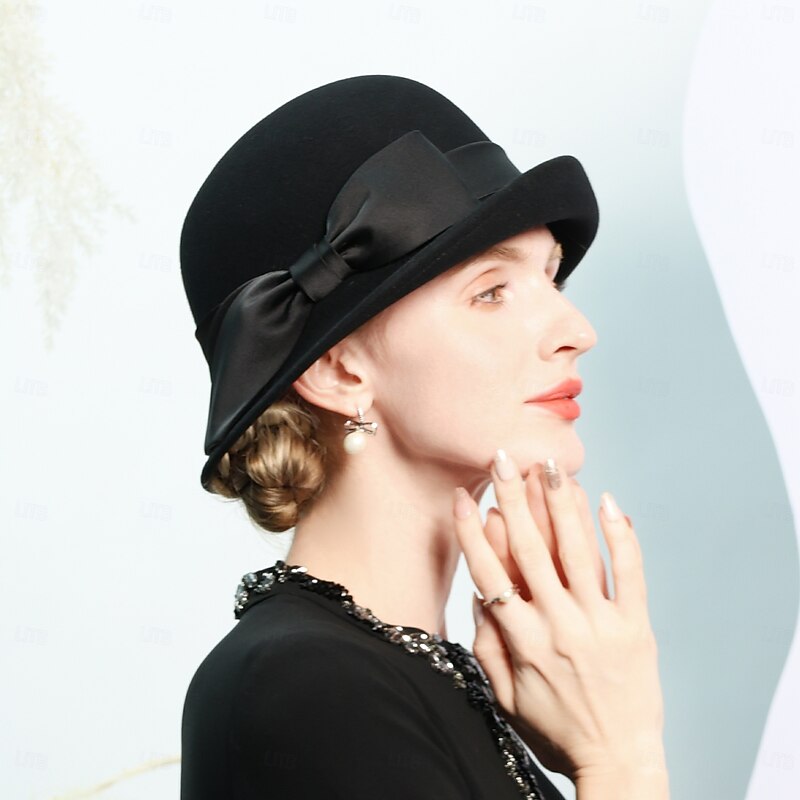 Hats 100% Wool Bowler / Cloche Hat Bucket Hat Top Hat Wedding Tea Party Elegant With Bowknot Pure Color Headpiece Headwear3