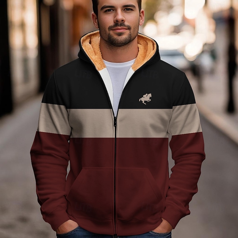 Men's Color Block Fleece Hoodies Fashion Ethnic Long Sleeve Hooded Party Streetwear Red Blue Drawstring Fall Winter Designer