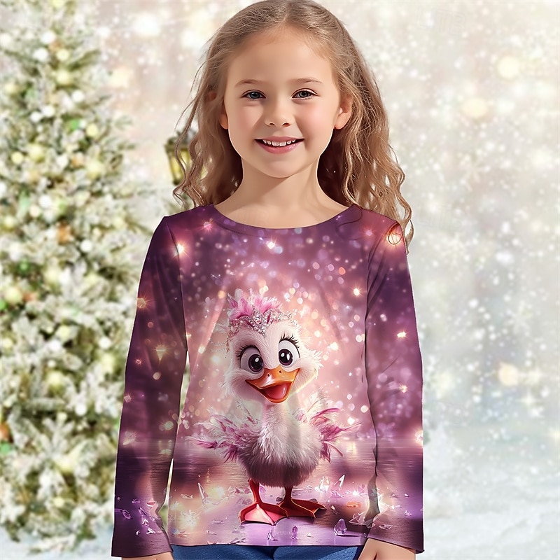 Girls' 3D Graphic Animal Christmas T shirt T shirt Tee Long Sleeve Spring Fall Fashion Basic Kids 4-12 Years Crew Neck Outdoor Casual Daily Regular Fit