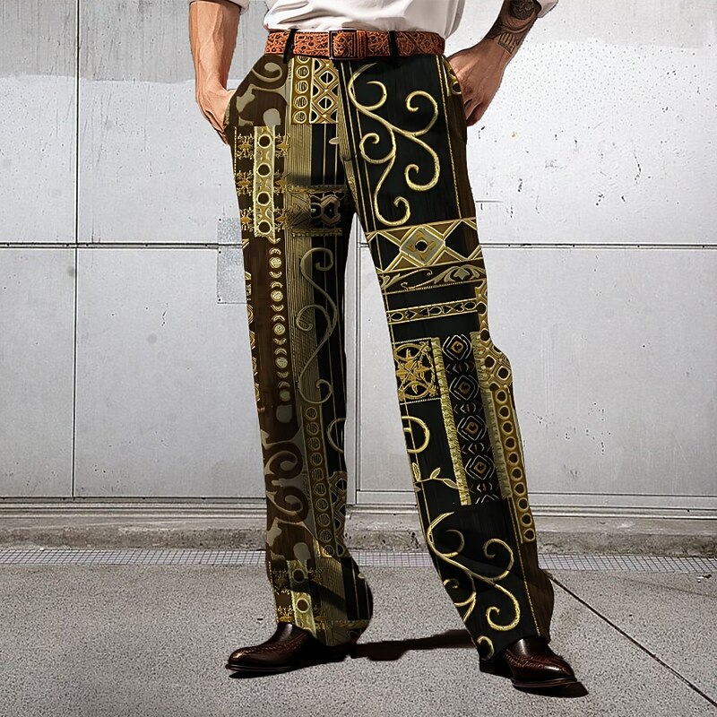 Men's Floral Ethnic Dress Pants Mid Waist Business Casual Formal Wedding Dailywear Zipper Pocket Straight Leg Trousers Summer Spring Fall 3D Print Yellow Blue Purple4