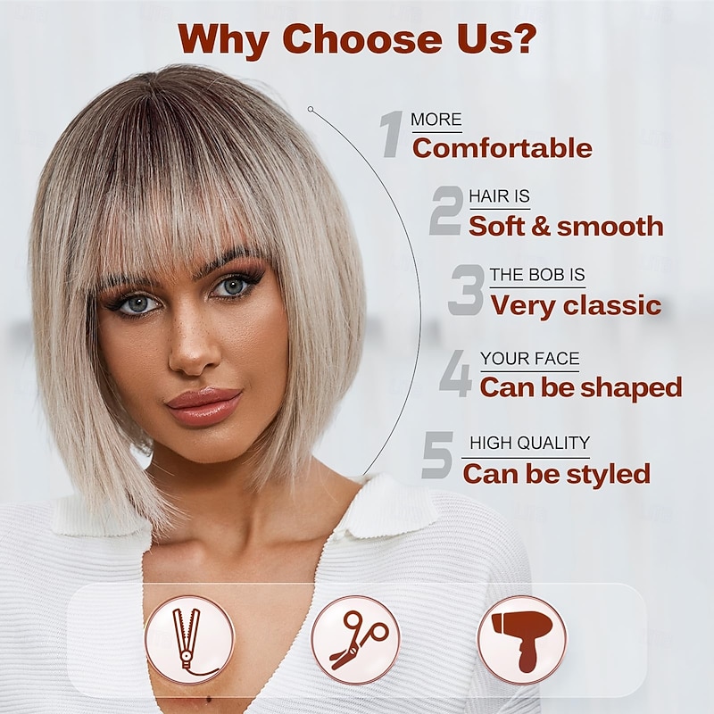 Bob Wig with Bangs Short Bob Wigs for Women Short Heat Resistant Synthetic Wig Natural Looking for Daily Use Party and Cosplay3