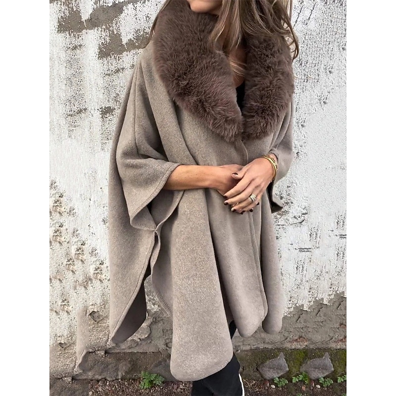Women's Winter Coat Outdoor Street Daily Wear Fall Winter Regular Coat Regular Fit Thermal Warm Breathable Stylish Casual Jacket 3/4 Length Sleeve Plain Fur Collar Black Khaki2