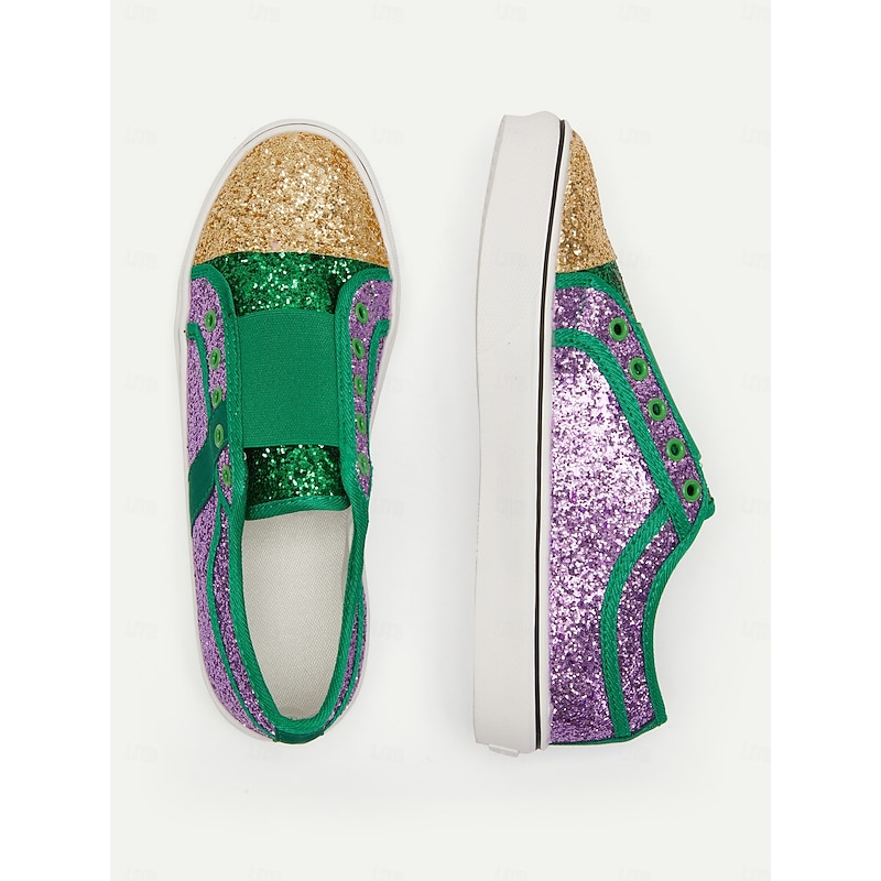 Women's Glitter Slip-On Sneakers – Sparkling Casual Shoes with Green, Purple, and Gold Accents for Bold Fashion Statements4
