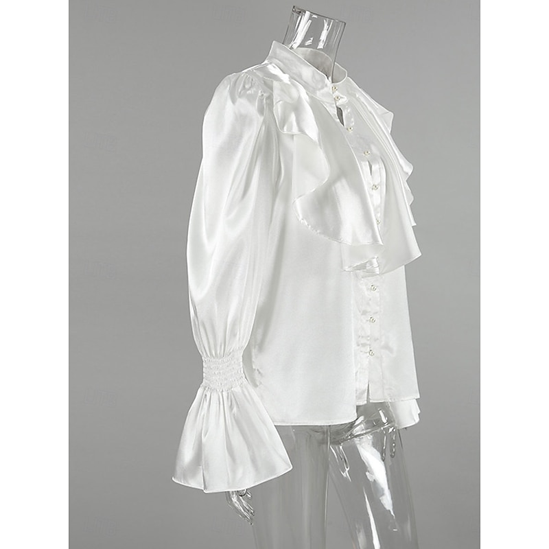 Women's Shirt Elegant Dressy Satin Solid Color Elegant Vintage Stylish Long Sleeve High Neck Vacation Party Work Ruffle Black White Spring Fall3