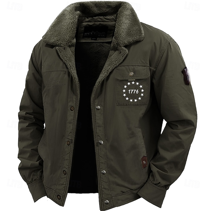 Men's 1776 Letter Print Embroidered Fleece Jacket Sherpa Trucker Jacket Work Cargo Jacket Turn-Down Collar Warm Winter Cotton Jacket Vintage Casual Going Out Coat Multi-Pockets