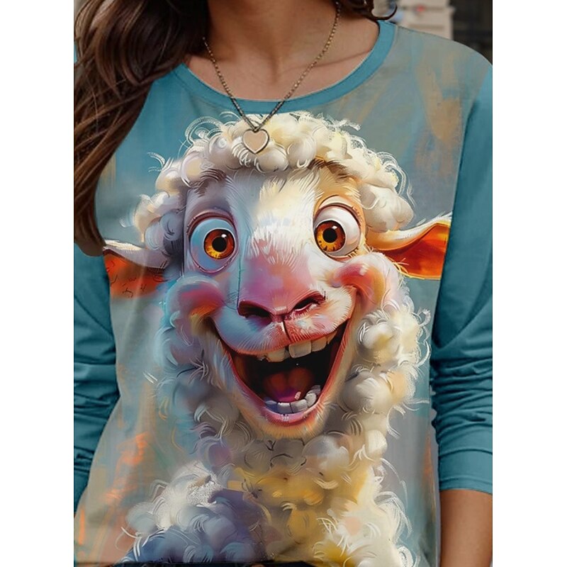 Women's T shirt Crew Neck Long Sleeve Tunic Animal Casual  Regular Tops Daily Print Blue Spring Fall3