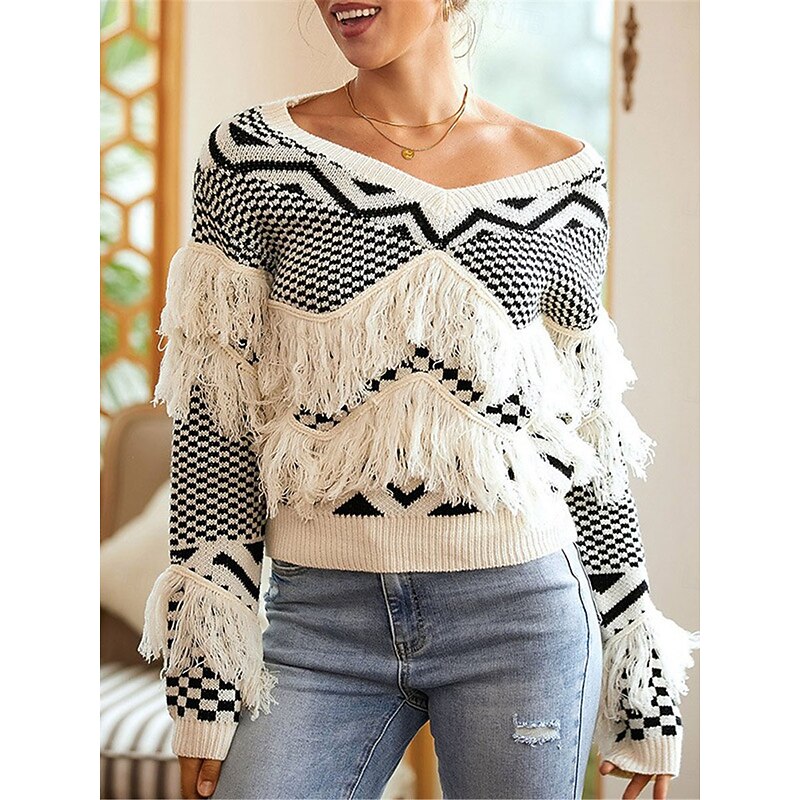 Women's Sweater Casual Soft Pure Color Ribbed V Neck Patchwork Tassel Knitted Long Sleeve Regular Tops Knit Outdoor Daily Weekend Apricot Fall Winter