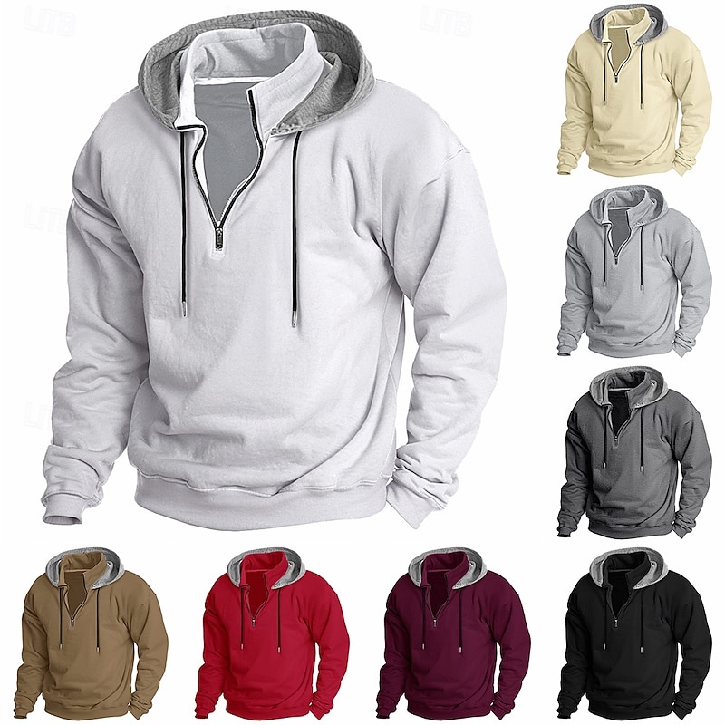 Men's Hoodie Quarter Zip Hoodie Fleece Hoodie Tactical Hoodie Black White Wine Red Khaki Hooded Plain Patchwork Half Zip Work Sports & Outdoor Casual Streetwear Basic Casual Spring & Fall
