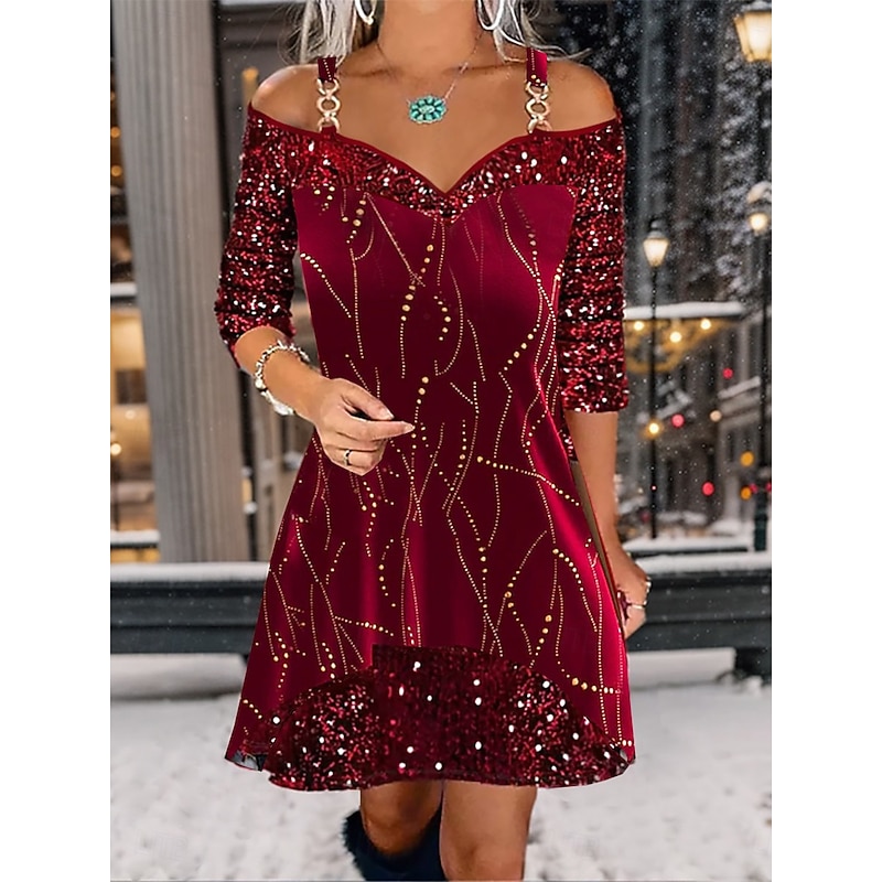 Women's Off-Shoulder Sequin Cocktail Dress Burgundy Three-Quarter Sleeve Sweetheart Neckline Flared Skirt Evening Party A-Line Dress Winter Fall Festive Glamour