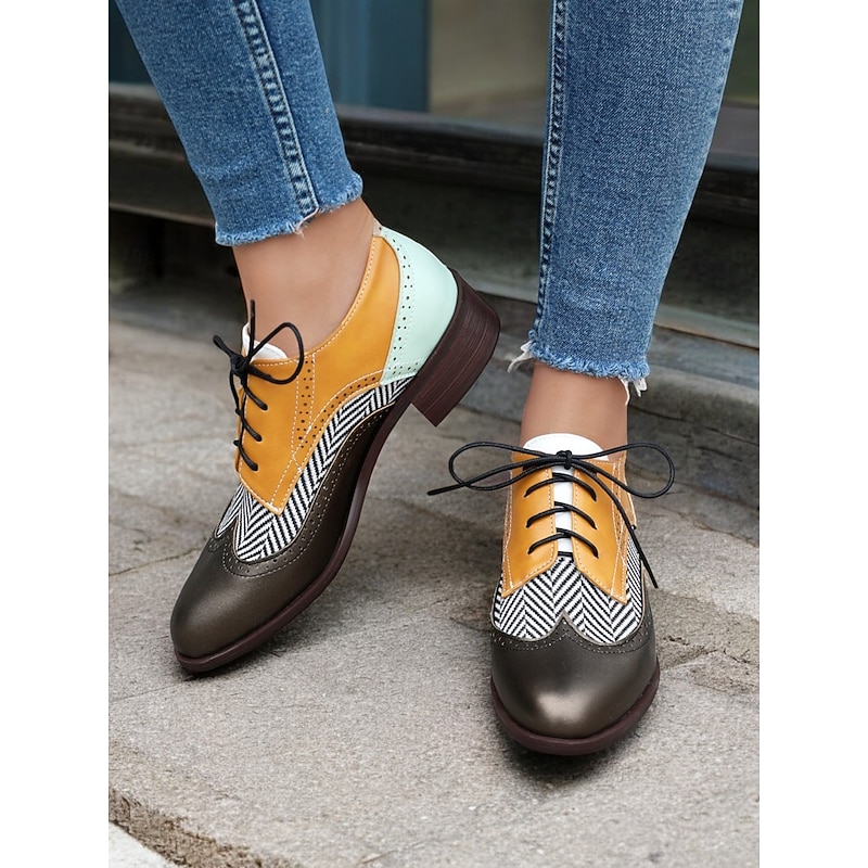 Women's Multicolor Brogue Oxford Shoes with Chevron Pattern and Contrasting Faux Leather Panels – Vintage-Inspired Lace-Up Flats