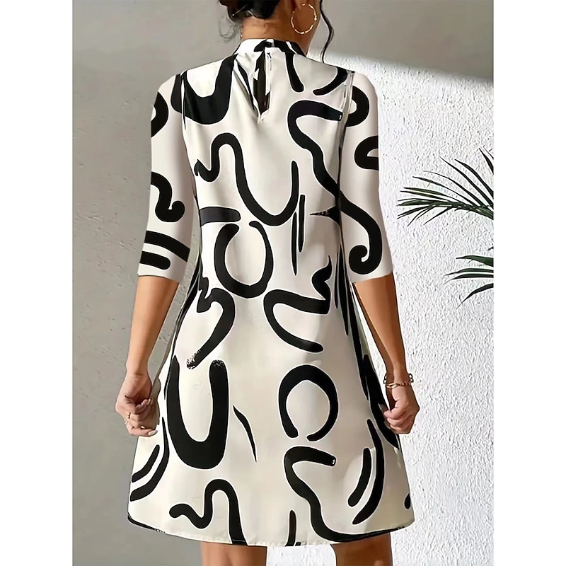 Women's Geometric Stand Collar Mini Dress 3/4 Length Sleeve Spring Fall2