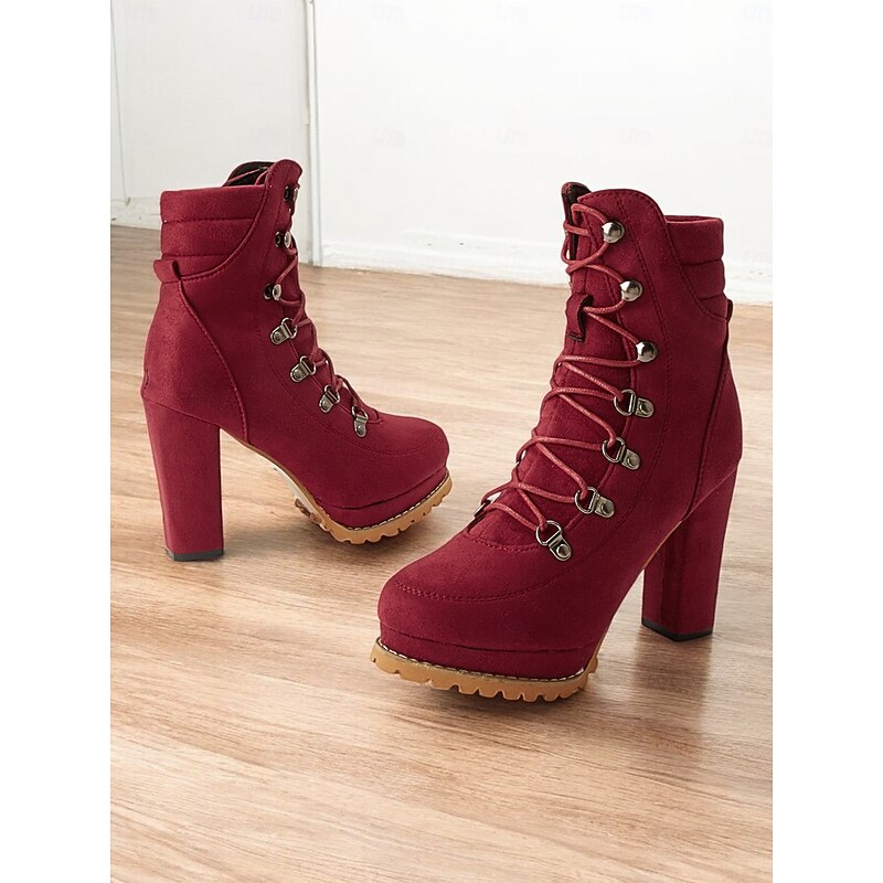 Women's Black Lace-Up High Heel Ankle Boots with Rugged Soles – Stylish Footwear for Casual and Outdoor Outfits3