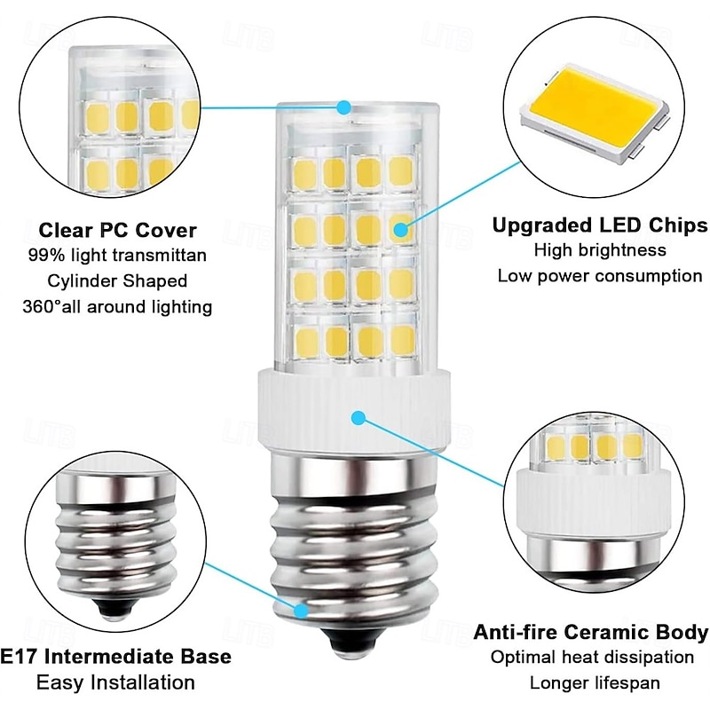 E17 LED Light Bulbs 5W Non-Dimmable Refrigerator Lights, Warm White/White 2pcs 110V-130V3
