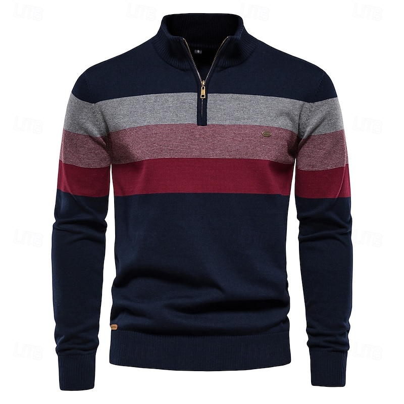 Men's Sweater Pullover Sweater Jumper Knitwear Ribbed Knit Regular Tops Zipper Color Block Turndown Knitwear Neutral Outdoor Clothing Apparel Spring &  Fall Black Navy Blue S M L