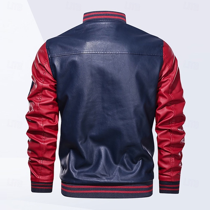Men's Embroidered Bomber Jacket Leather Jacket Winter Baseball Coat Long Sleeve Stand Collar PU Leather Motorcycle Jacket3