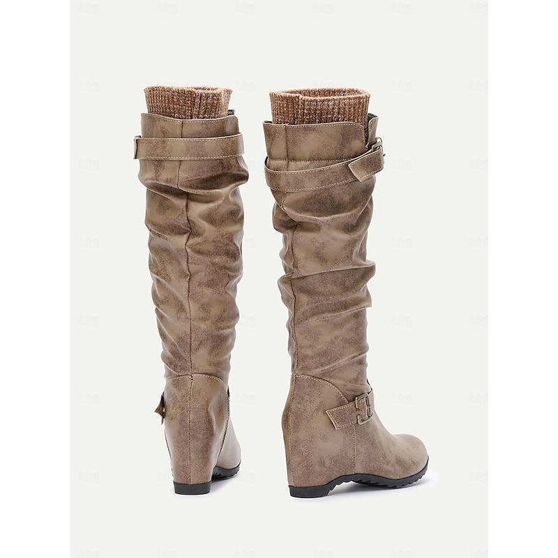 Women's Distressed Tan Slouchy Knee-High Boots with Buckle Straps and Wedge Heel – Cozy Winter Boots with Knit Cuff for Casual Outfits4