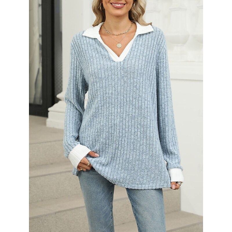 Women's T Shirt Plain Fashion Modern Casual Long Sleeve V Neck Regular Tops Daily Weekend Black Red Blue Fall Winter3