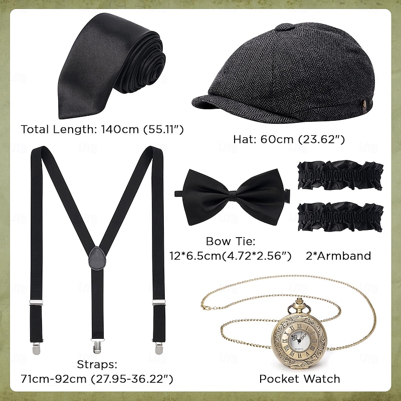 Retro Vintage Roaring 20s 1920s Outfits Waistcoat Accessories Set Gentleman Gangster Fancy Dress Men's Carnival Costume 8 PCS Christmas Halloween Carnival Masquerade Cocktail Party Theme Party Adults'3
