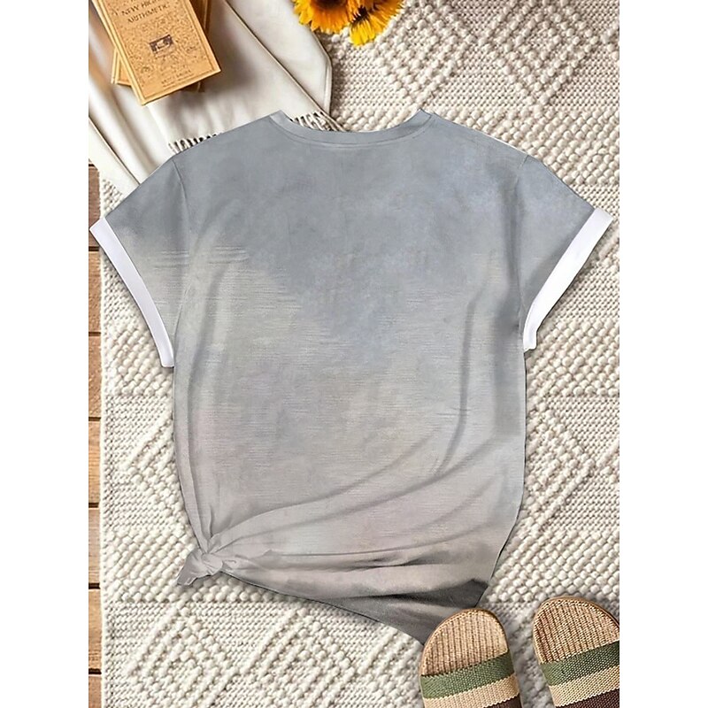 Women's T Shirt Cat Letter Casual Short Sleeve Round Neck Regular Tops Daily Print Gray Summer2