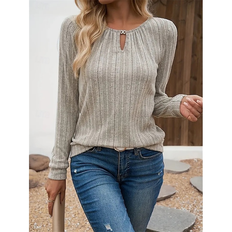 Women's T Shirt Plain Fashion Modern Casual Long Sleeve Crew Neck Regular Tops Daily Weekend Pink Green Khaki Fall Winter 5