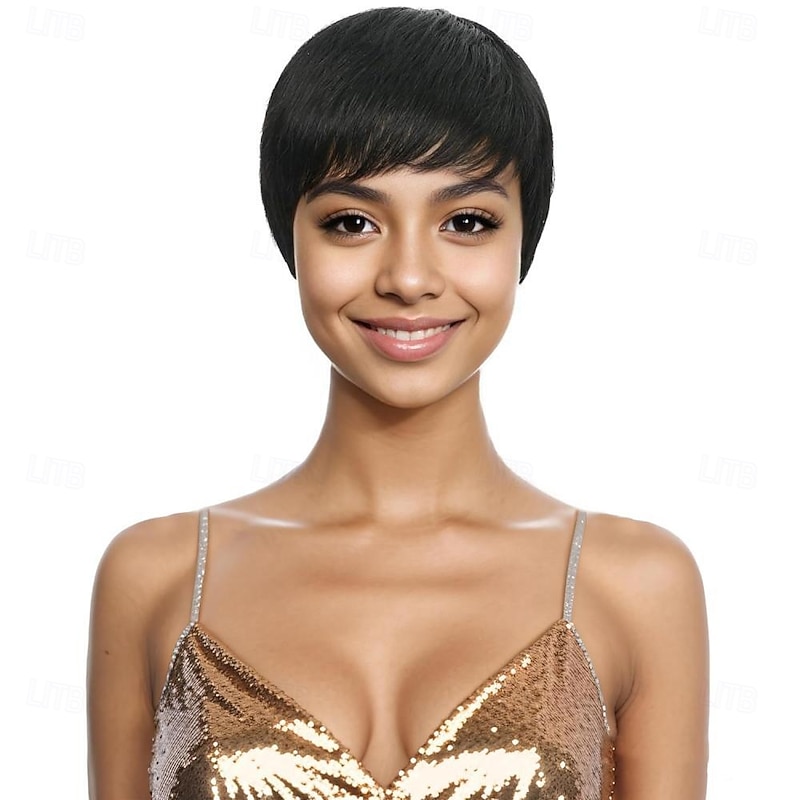 Human Hair Short Wigs Pixie Cut Wigs with Bangs Layered Wavy Wigs for Black Women
