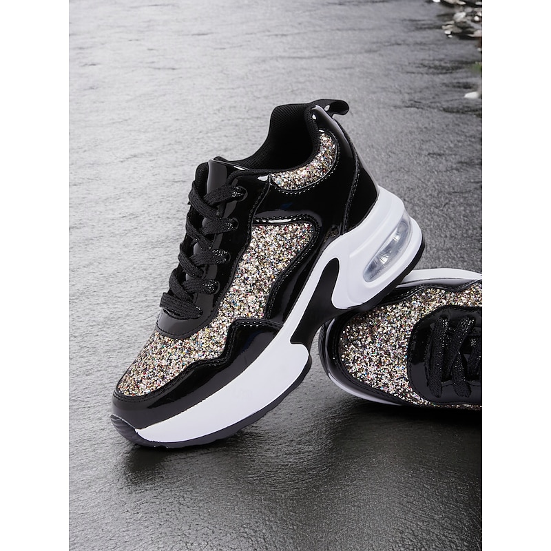 Women's Glitter Platform Sneakers with Air Cushion Sole – Sparkling Black Lace-Up Athletic Shoes for Casual and Party Wear4