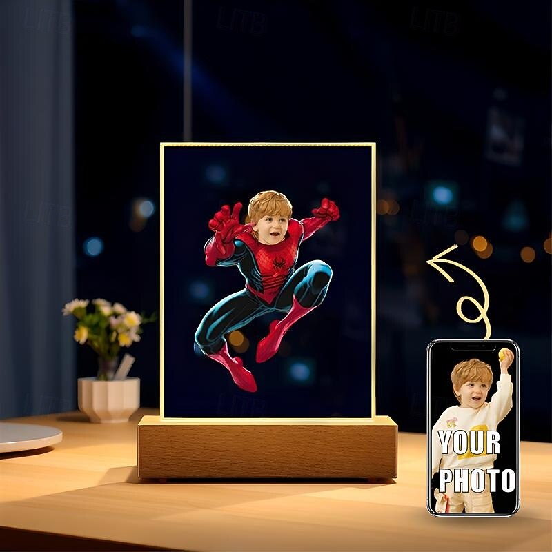Personalized Photo USB Night Light Custom Spider Superhero Kid Face Acrylic Night Light Christmas Decoration Gifts for Superhero Fans