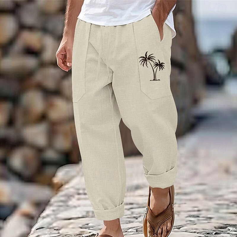 Men's Linen Pants Trousers Summer Pants Drawstring Elastic Waist Straight Leg Coconut Tree Comfort Breathable Full Length Outdoor Casual Daily Fashion Retro Vintage Black White