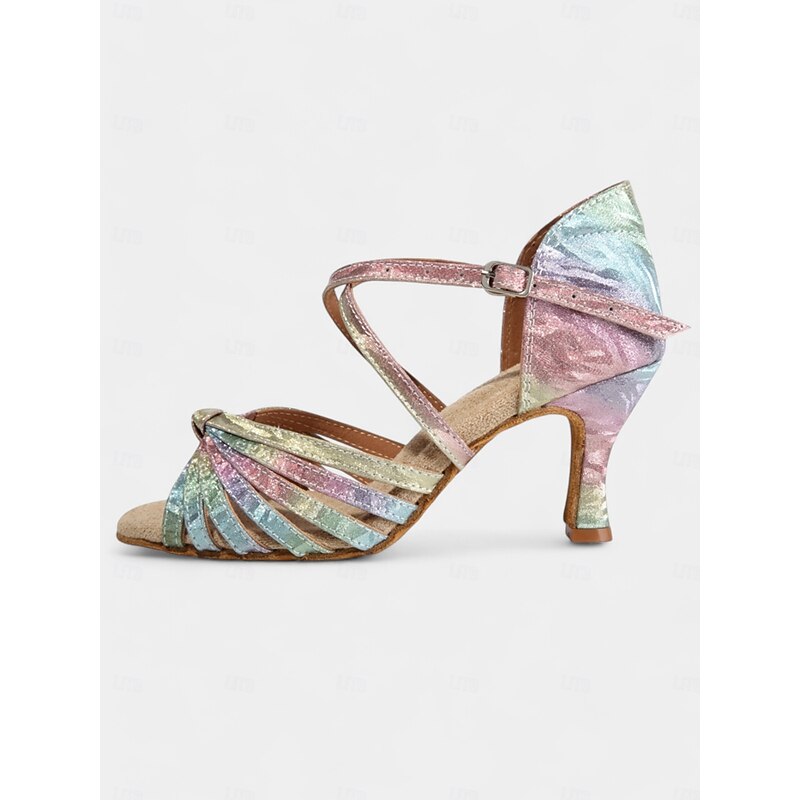 Rainbow Metallic Strappy Latin Dance Shoes - Women's Ballroom Heels with Adjustable Buckle Strap and Soft Suede Sole for Salsa, Tango, and Party Events4